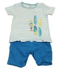 Bílo-tyrkysovo-modrý bavlněný kraťasový overal se surfy a pruhy Mothercare