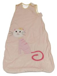 Růžový sametový zateplený spací pytel s kočkou