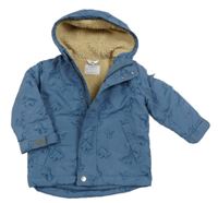 Modrá šusťáková zateplená bunda s dinosaury a kapucí M&Co.