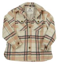 Krémovo-růžovo-šedá kostkovaná vlněná podšitá košilová bunda F&F