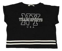 Černé crop tričko s nápisem a pruhy H&M