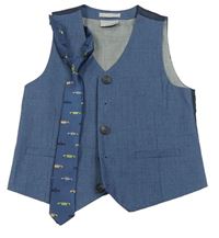 2 set - Modro-šedá společenská vesta + kravata s auty Next