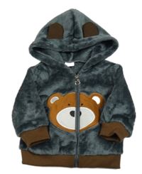 Tmavošedá plyšová propínací mikina s medvědem a kapucí