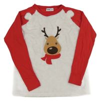 Bílo-červené chlupaté pyžamové triko se sobem Y.F.K.