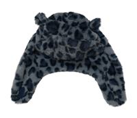 Šedo-tmavomodrá vzorovaná kožešinová podšitá čepice 