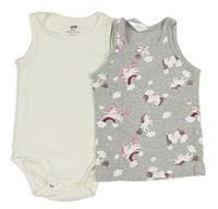 2set - Bílé žebrované body + šedá košilka s jednorožci 