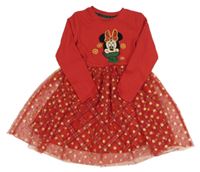 Červené žebrované šaty s Minnie a tylovou sukní a vločkami Disney