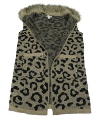 Béžovo-černá úpletová vesta s leopardím vzorem a kožešinovým límcem Primark