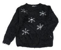 Černý chlupatý svetr s vločkami Alive