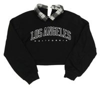 Černo-bílá crop mikina s nápisem a košilovým límcem Shein