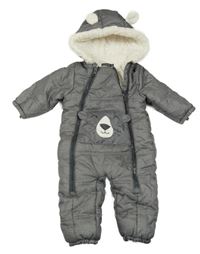 Šedá šusťáková zimní kombinéza s čumákem a kapucí 
