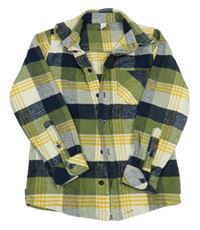 Khaki-bílo-žluto-tmavomodrá kostkovaná košilová bunda Yigga