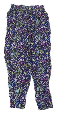 Tmavomodro-zeleno-růžové květované lehké culottes kalhoty Kids