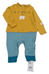 Nové - Hořčicovo-modrý overal s nápisem a medvědem Mothercare