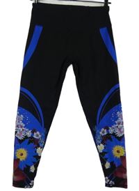 Dámské černo-safírové sportovní capri legíny s květy Sweaty Betty 