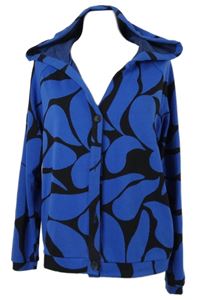 Dámský modro-černý vzorovaný propínací svetr s kapucí 
