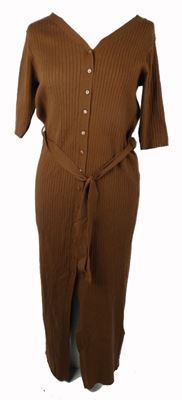 Dámské hnědé žebrované pletené propínací midi šaty s páskem 