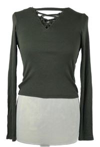 Dámské khaki žebrované crop triko se šněrováním Select 
