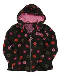 Hnědá květinová fleecová podšitá propínací mikina s kapucí 