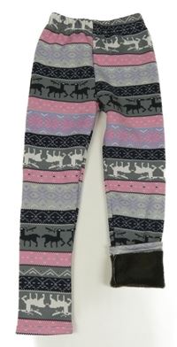 Šedo-růžovo-černé pruhované zateplené legíny se vzorem 