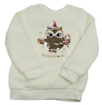 Smetanová chlupatá mikina se sovou z flitrů H&M