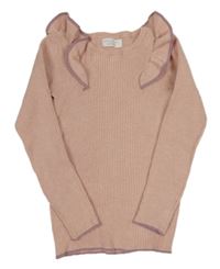 Světlerůžový melírovaný žebrovaný svetr s volánky PRIMARK