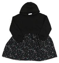 Černé teplákové šaty s květovanou sukní a kapucí Primark