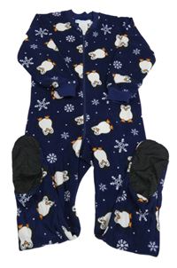Tmavomodrý fleecový pyžamový overal s tučňáky 