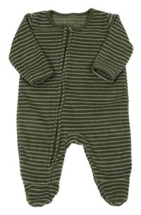 Khaki-bílý pruhovaný fleecový overal 