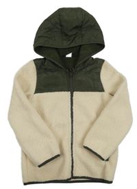 Khaki-smetanová šusťákovo/huňatá podšitá bunda s kapucí 