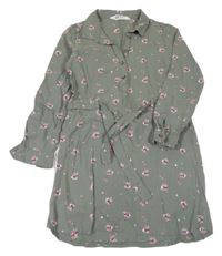 Khaki lehké květované košilové šaty s páskem H&M