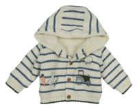 Bílo-modrý pruhovaný propínací zateplený svetr s traktorem a kapucí Nutmeg