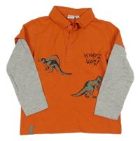 Oranžovo-šedé triko s dinosaury a límečkem Manguun 