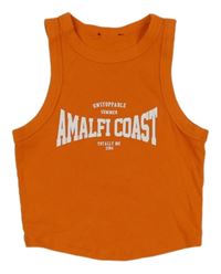 Oranžový žebrovaný crop top s nápisem 