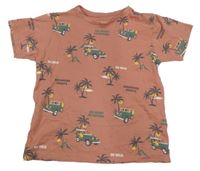 Růžové tričko s auty a palmami Primark