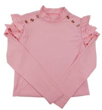 Světlerůžové žebrované crop triko s volánky a knoflíky Shein