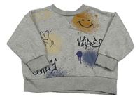 Šedá melírovaná oversize mikina se smajlíkem a graffiti nápisy a skvrnkami Vertbaudet