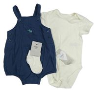 3Set - Tmavomodré mušelínové laclové kraťasy se sloníkem + bílé body + ponožky M&S
