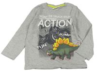 Šedé melírované triko s monster truckem a 3D dinosaurem Kids