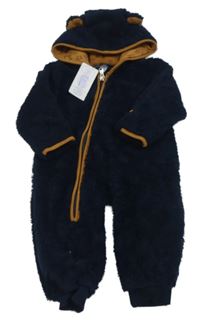 Nové - tmavomodrá huňatá kombinéza s kapucí s oušky