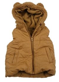 Hnědá prošívaná šusťáková zateplená vesta s huňatou kapucí s oušky Ergee