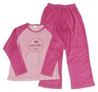 Růžovo-tmavorůžové sametové pyžamo s nápisy a mašlí alive