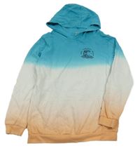 Azurovo-bílo-světleoranžová mikina s nápisem a vlnou a kapsou a kapucí Tu