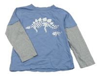 Modro-šedé melírované triko s kostrou dinosaura M&Co