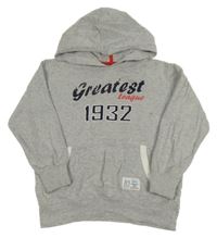 Šedá melírovaná mikina s číslem a nápisy a kapsou a kapucí