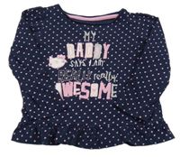 Tmavomodro-růžové puntíkaté triko s nápisy a kočičkou a volánkem YD