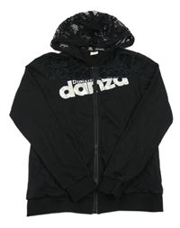 Černá propínací mikina s logem a krajkou s květy a kapucí danza