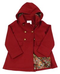 Červený vlněný podšitý kabát s gombíky a límečkem a kapucí Next