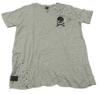 Šedé melírované tričko s kapsou s lebkou a skvrnkami 