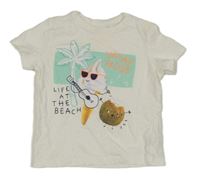 Bílé melírované tričko se zmrzlinkou a palmou a kokosem a nápisy C&A